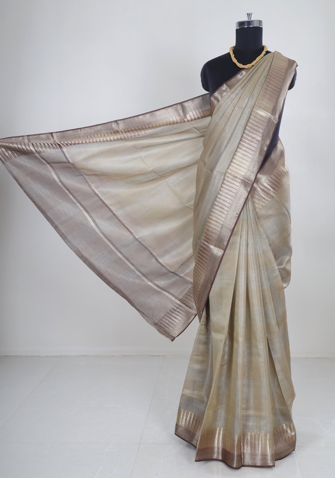 Ivory Beige Silver Border Banaras Tissue Silk Saree - BCS-1-1003 image 3